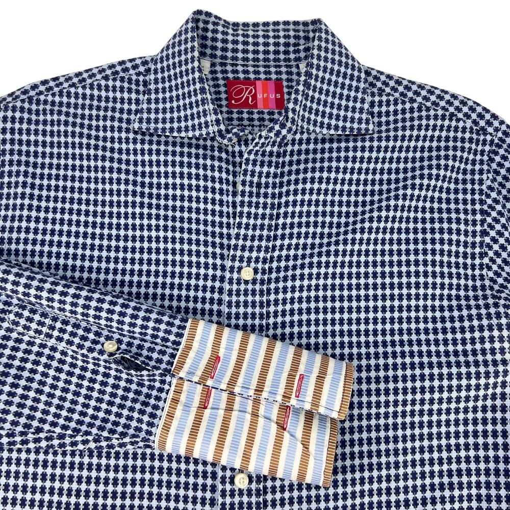 RUFUS M French Cuff Flip Cuff Button Textured Long Sleeve Men DRESS Shirt RETRO